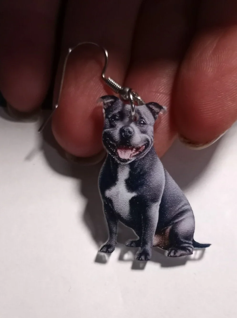 Pitbull Dog Print Dangle Earrings - Gray and White Puppy Design